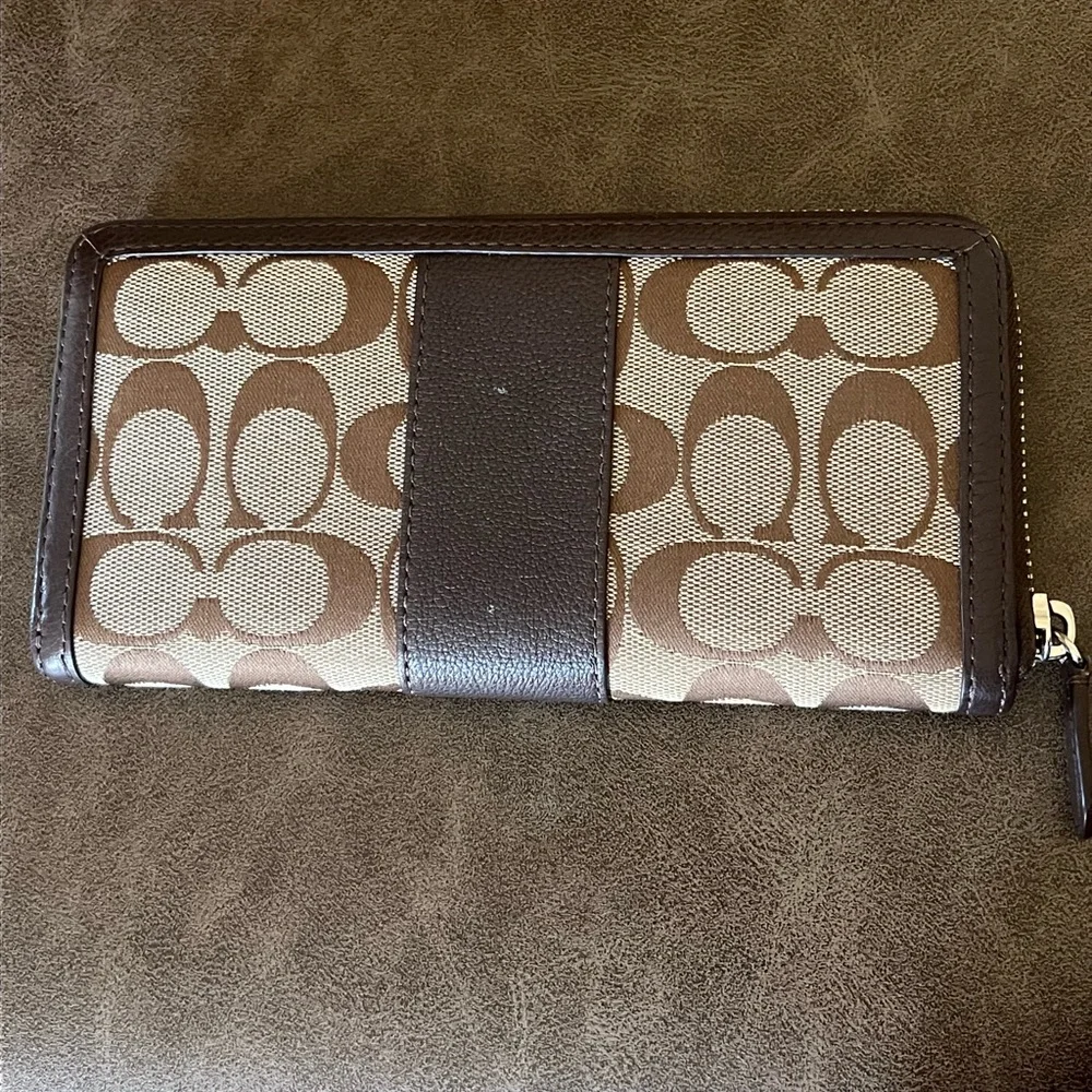 Coach Signature Canvas Zip Around Wallet Brown Tan Leather